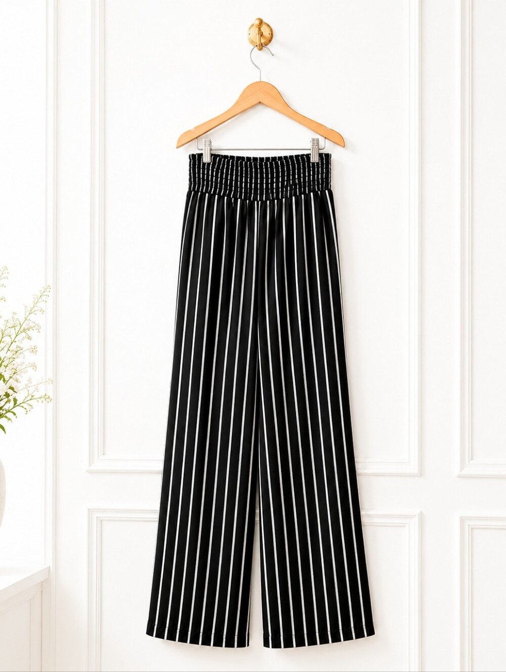 NWT One 5 One Black White Stripe Wide Leg Smocked Waist Pants Size XL - Picture 7 of 11
